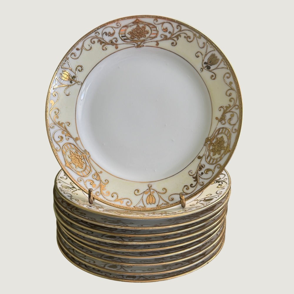 Ten Vintage Noritake Christmas Ball 175 Gold Scroll Floral 6.25" Bread Plates